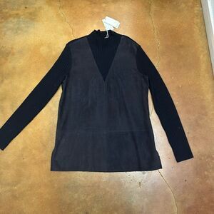 NWT Tory Burch Navy Blue Suede Leather Front Panel Ribbed Knit Sweater L